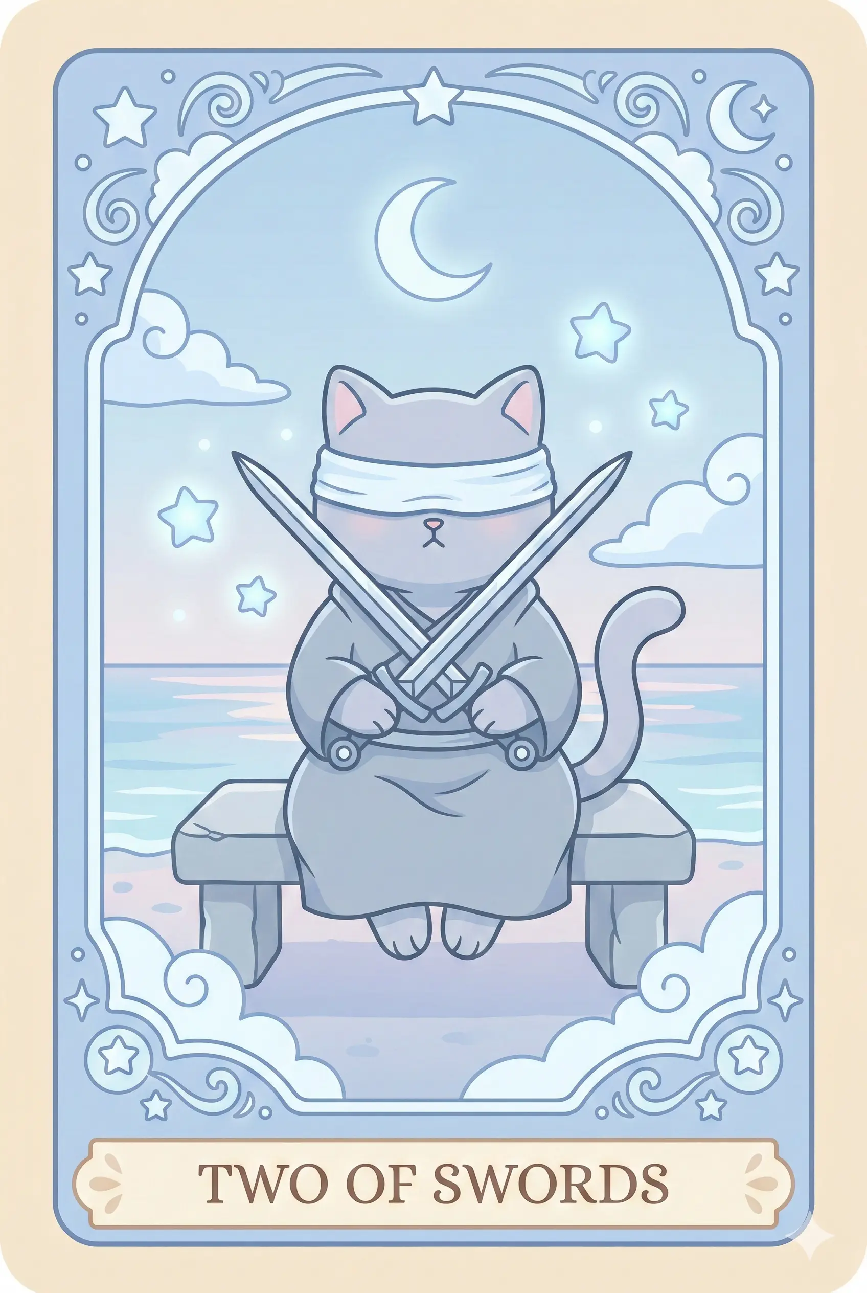 A blindfolded cat sitting on a stone bench by the sea under a crescent moon, holding two crossed swords over its chest in a defensive posture.