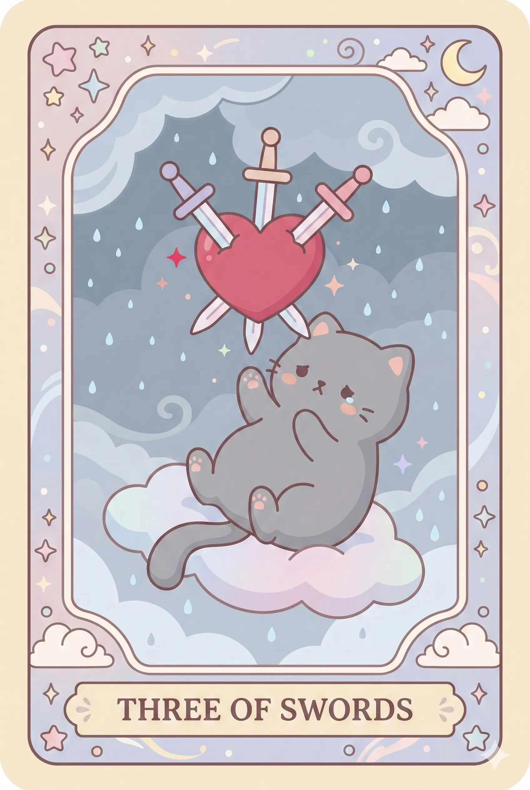 A sad grey cat sitting in the rain, looking at a red heart pierced by three swords floating in the stormy sky.