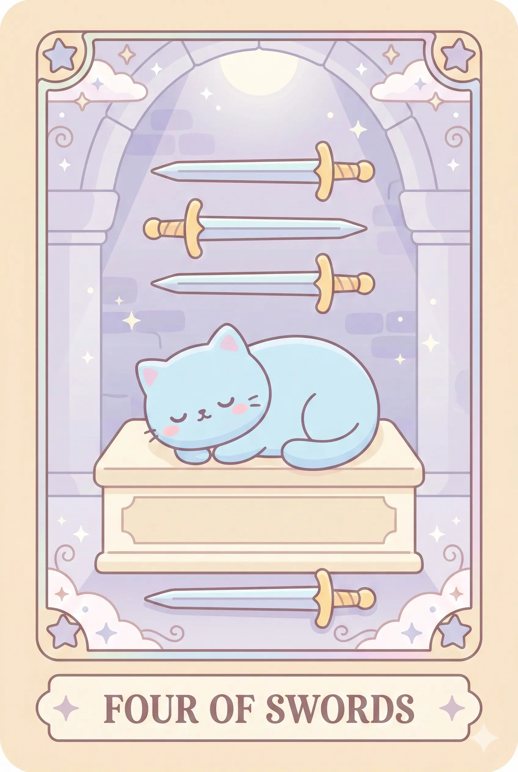 A peaceful cat sleeping soundly on a stone tomb inside a quiet sanctuary, with three swords hanging on the wall above and one beneath the bed.
