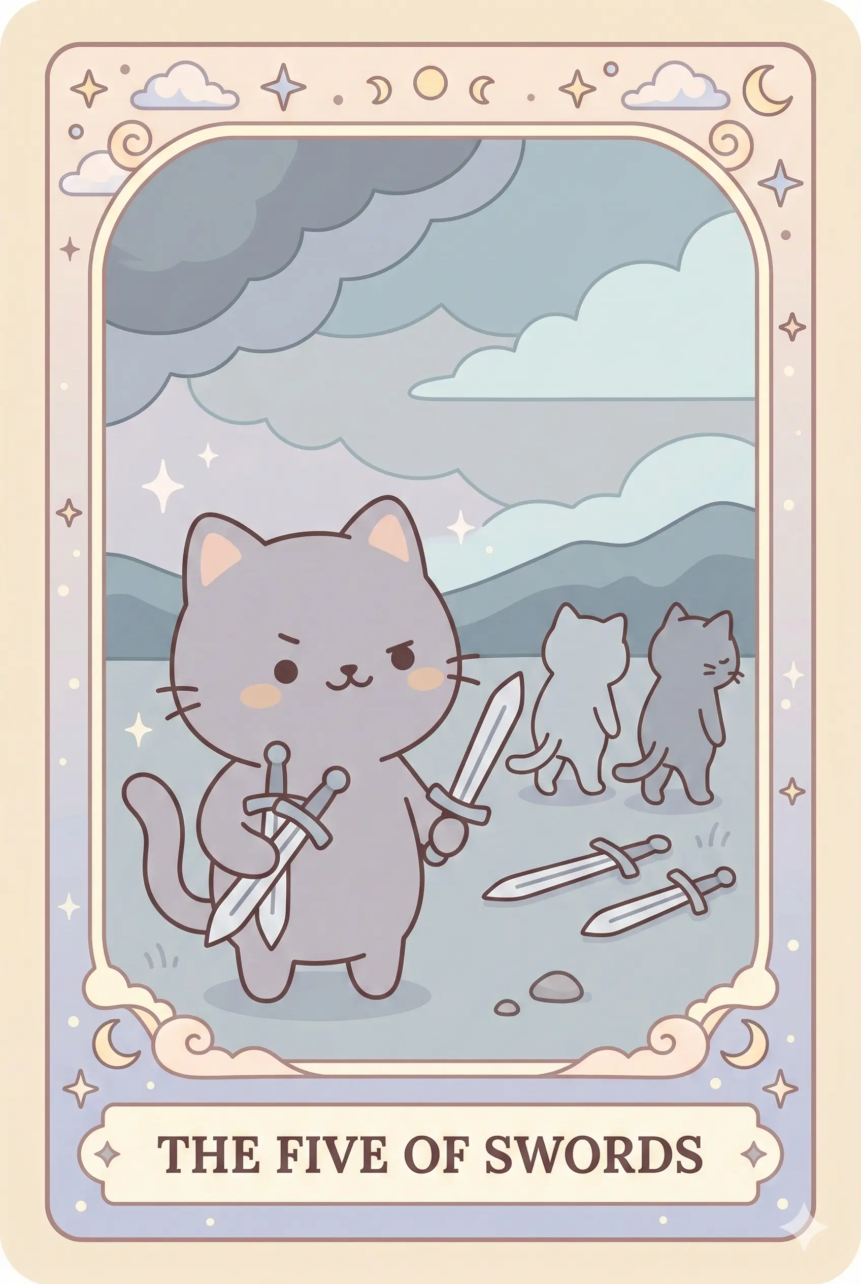 A smug cat holding three swords, watching two defeated cats walk away in the distance, with two more swords lying on the ground. Grey stormy sky.