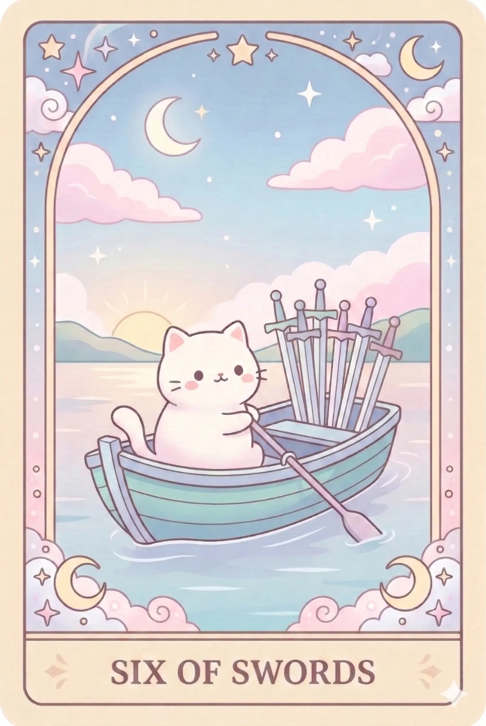 A calm cat sitting in a boat being rowed across the water by a cloaked figure, with six swords standing upright in the boat, moving towards a distant shore.