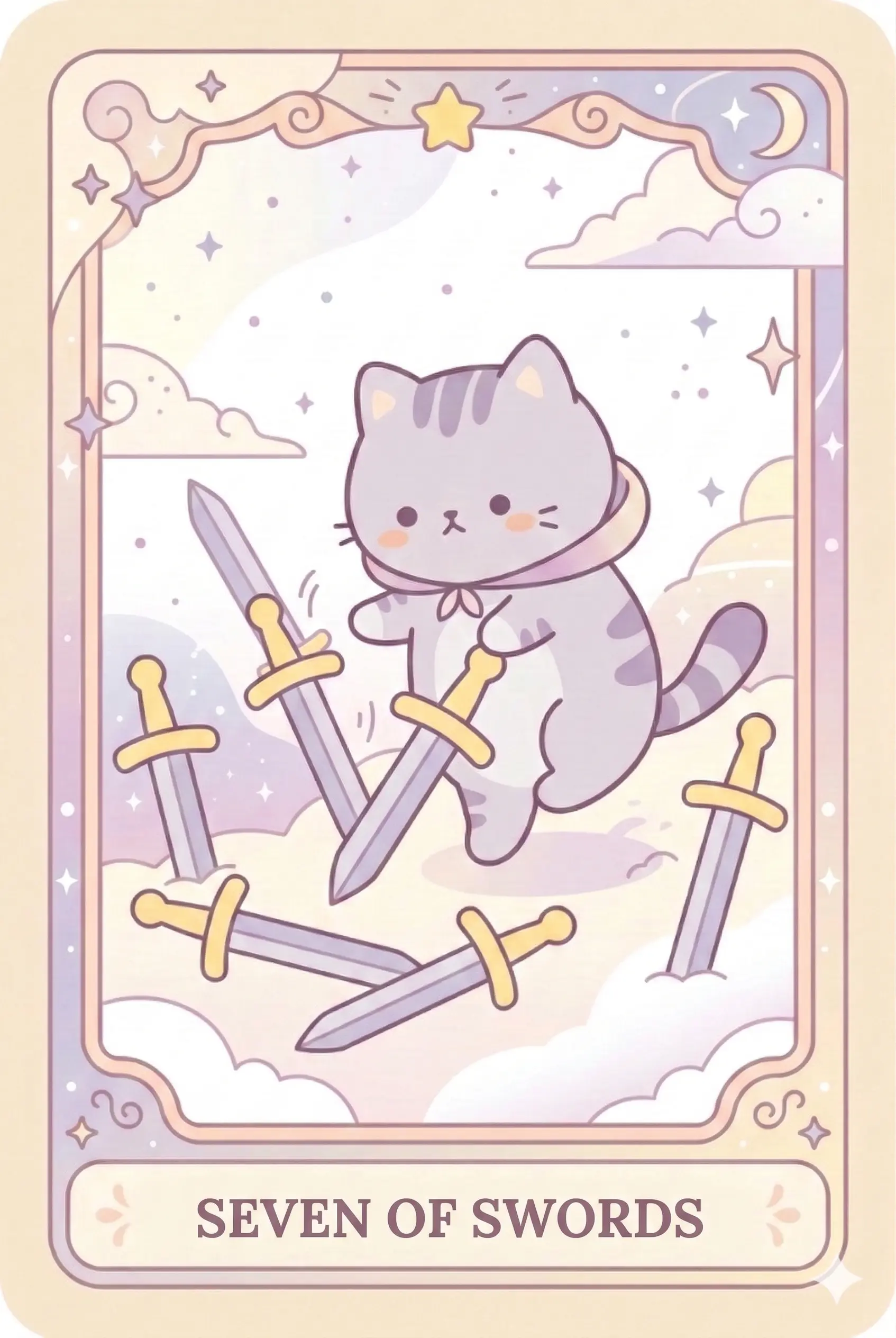 A sneaky cat tip-toeing away from a camp, carrying five swords in its arms while leaving two stuck in the ground, looking back with a sly grin.