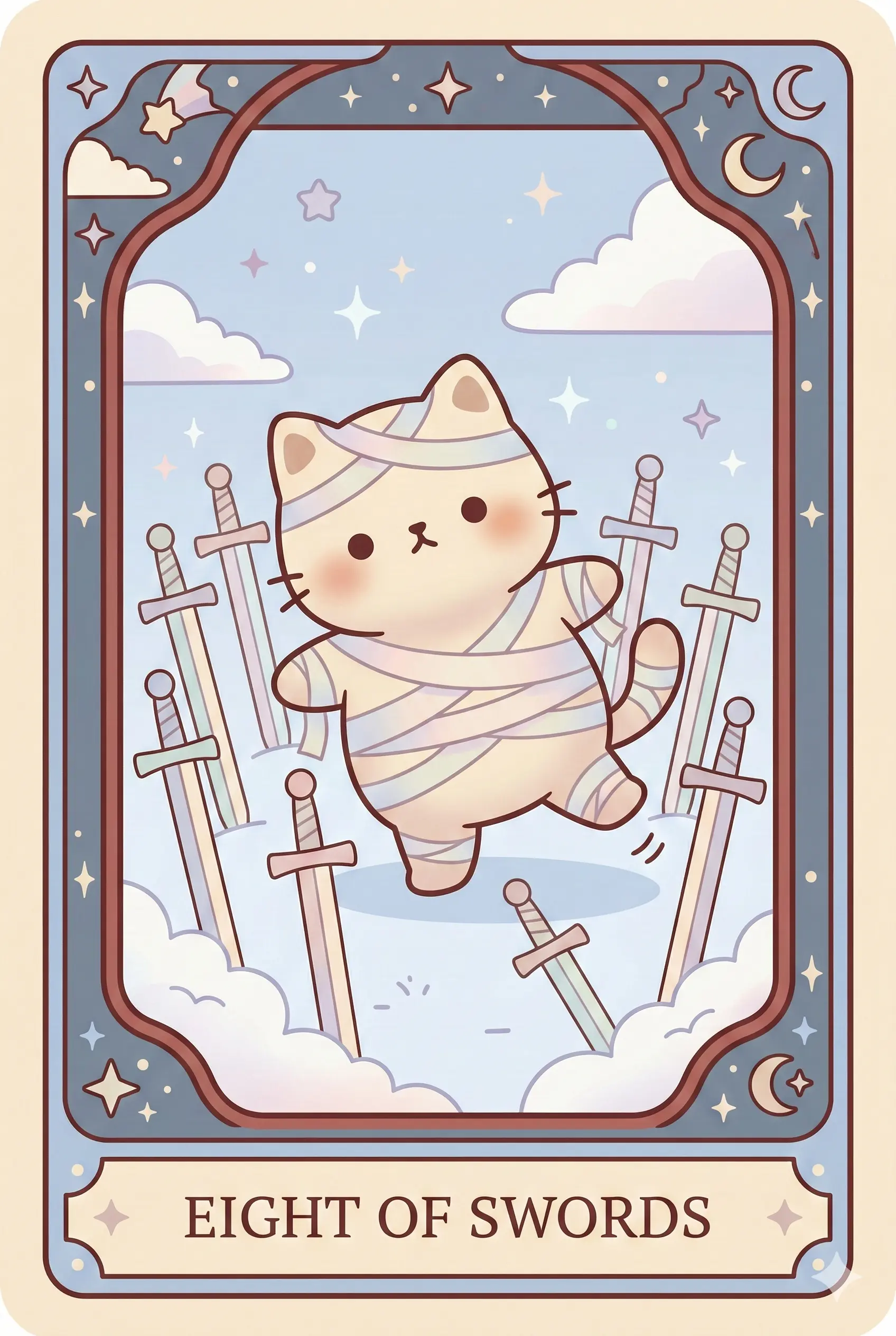 A fluffy cat loosely wrapped in bandages, standing in a circle of eight swords stuck in the ground. The cat looks confused but there is a clear gap to walk away.