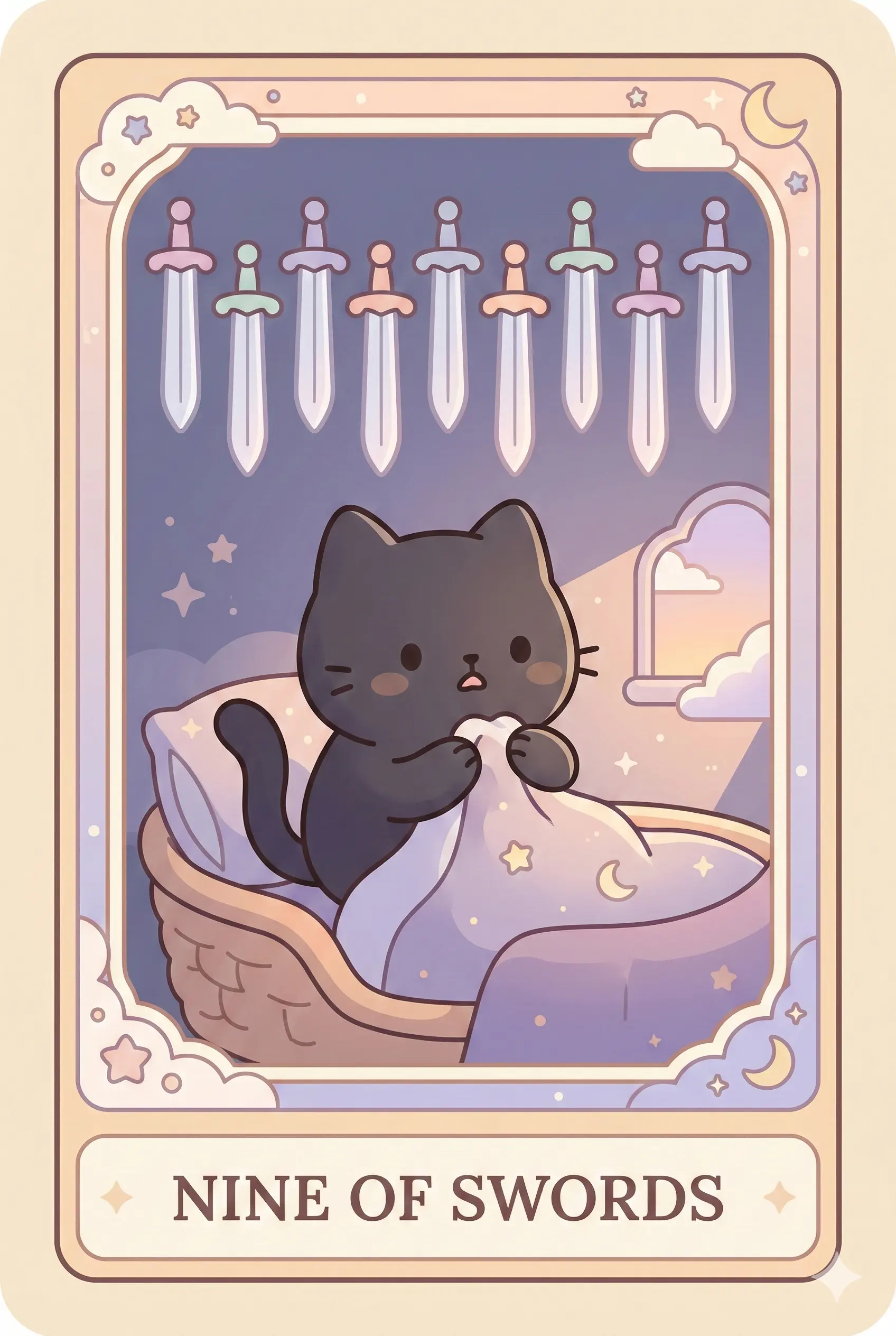 A black cat sitting up in a basket bed in a dark room, looking wide-eyed and anxious. Nine ghostly swords hang on the wall behind it, but morning light is just peeking through the window.