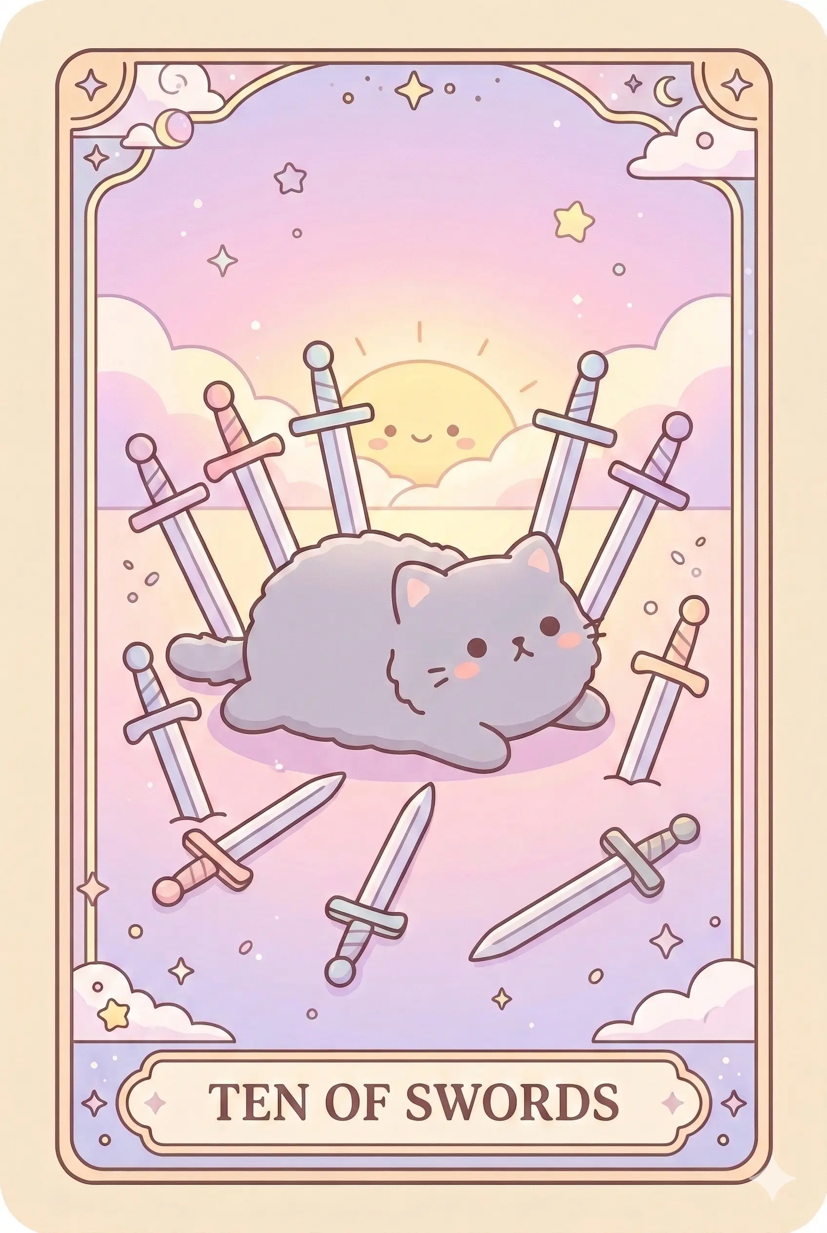 A dramatic scene of a cat lying flat on its belly with ten swords stuck in the ground around it (not hurting it), looking exhausted but facing a beautiful golden sunrise.