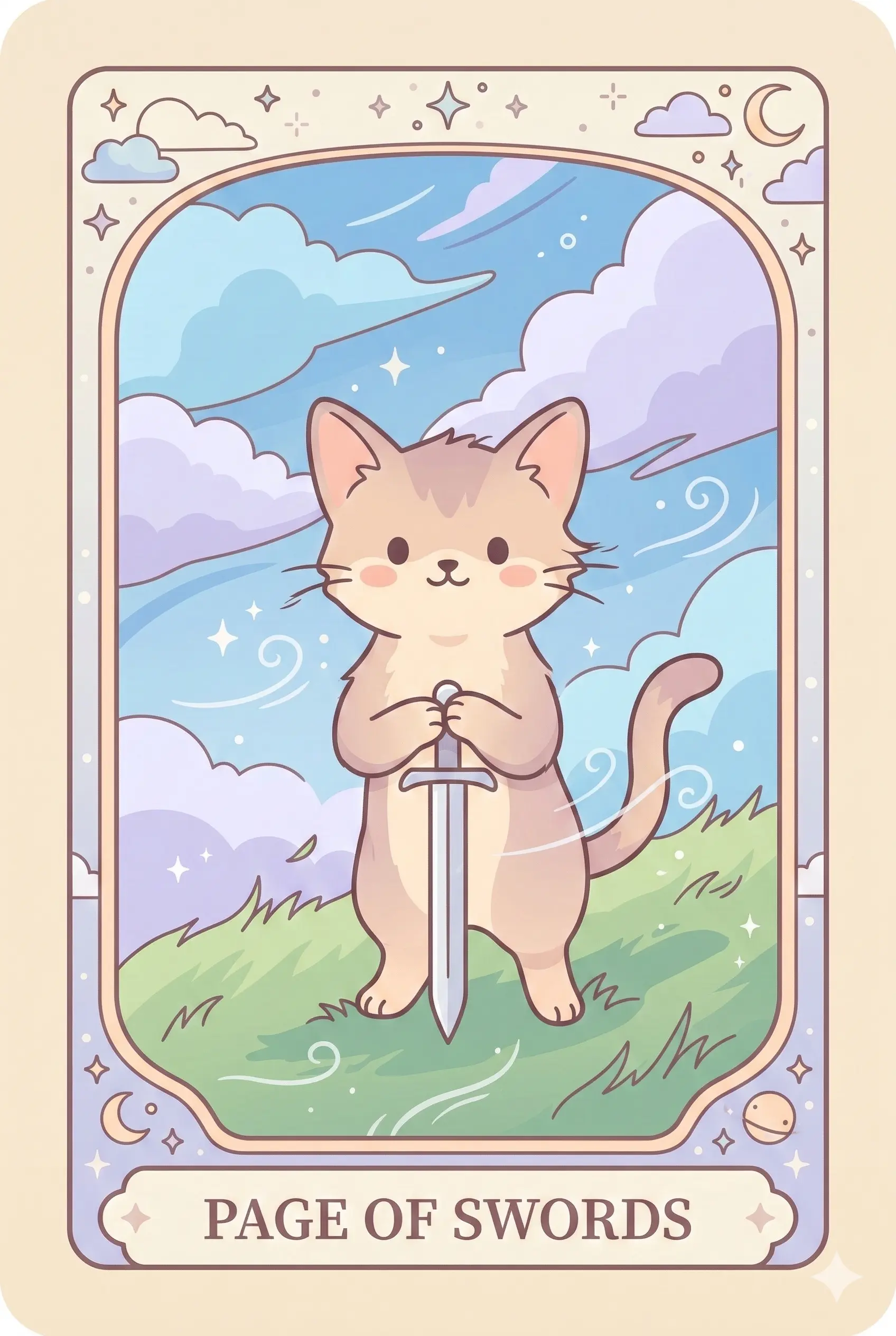 A young, alert Abyssinian cat standing on a windy green hill, holding a silver sword upright with its paws, clouds rushing by in a blue sky.