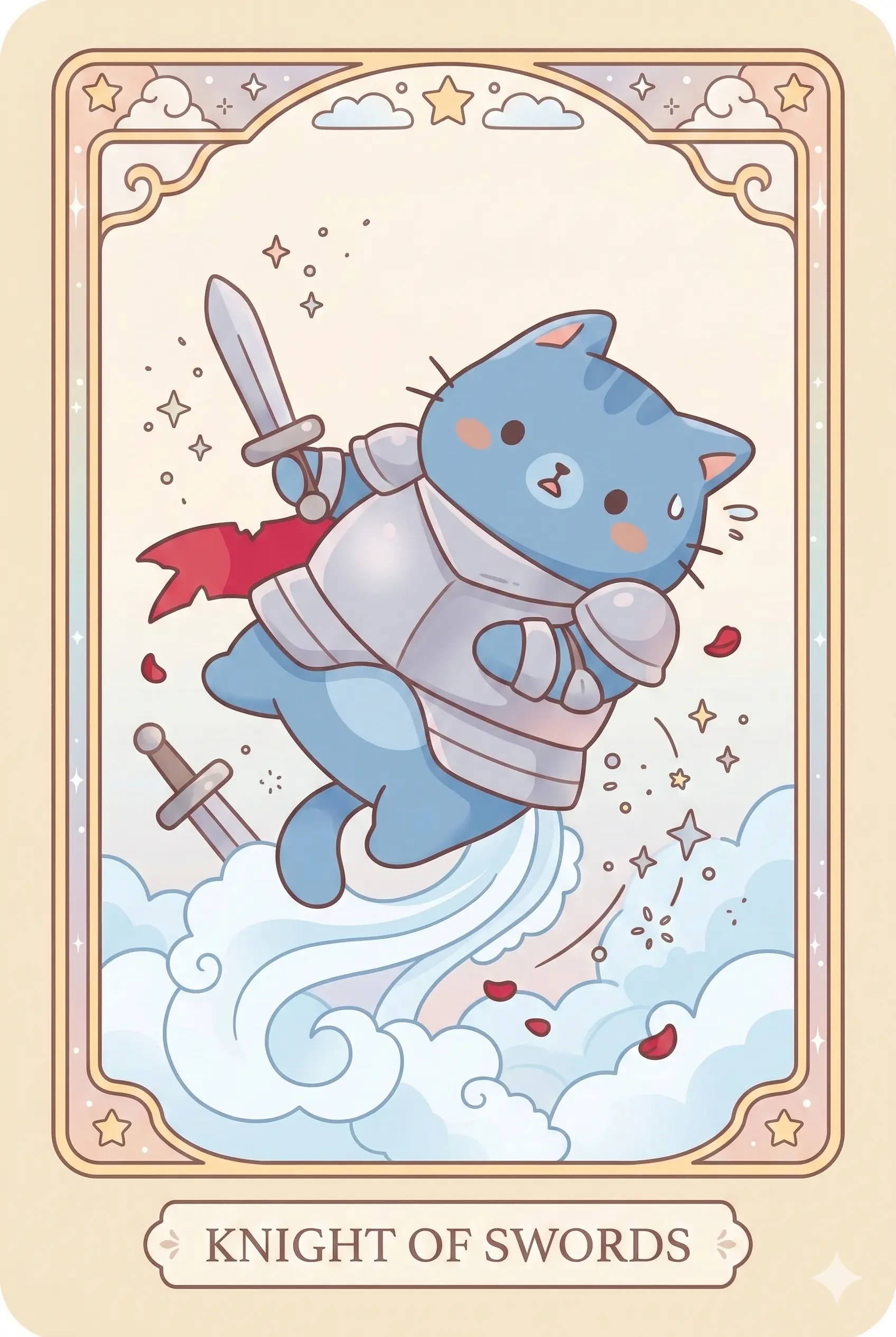 A sleek, determined cat in silver armor riding a gust of wind, holding a sword forward, ears flattened back from the speed.