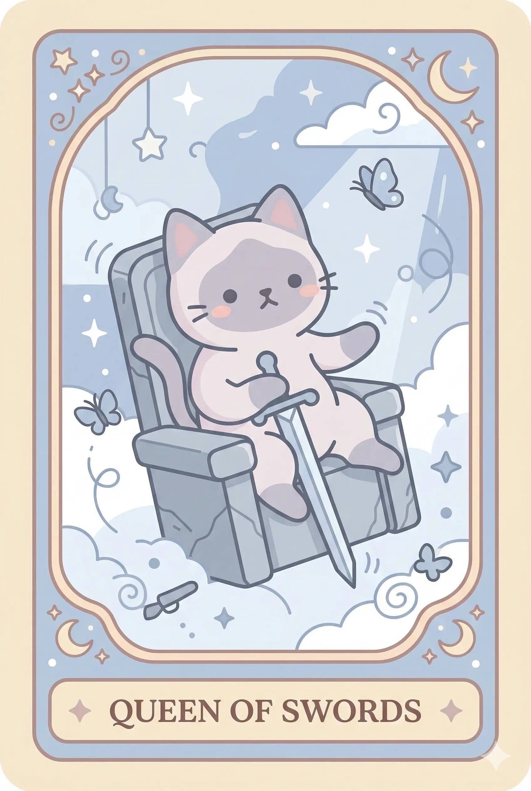 A sleek, regal Siamese cat sitting upright on a stone throne, holding a sword vertically. The sky behind is clearing up after a storm.