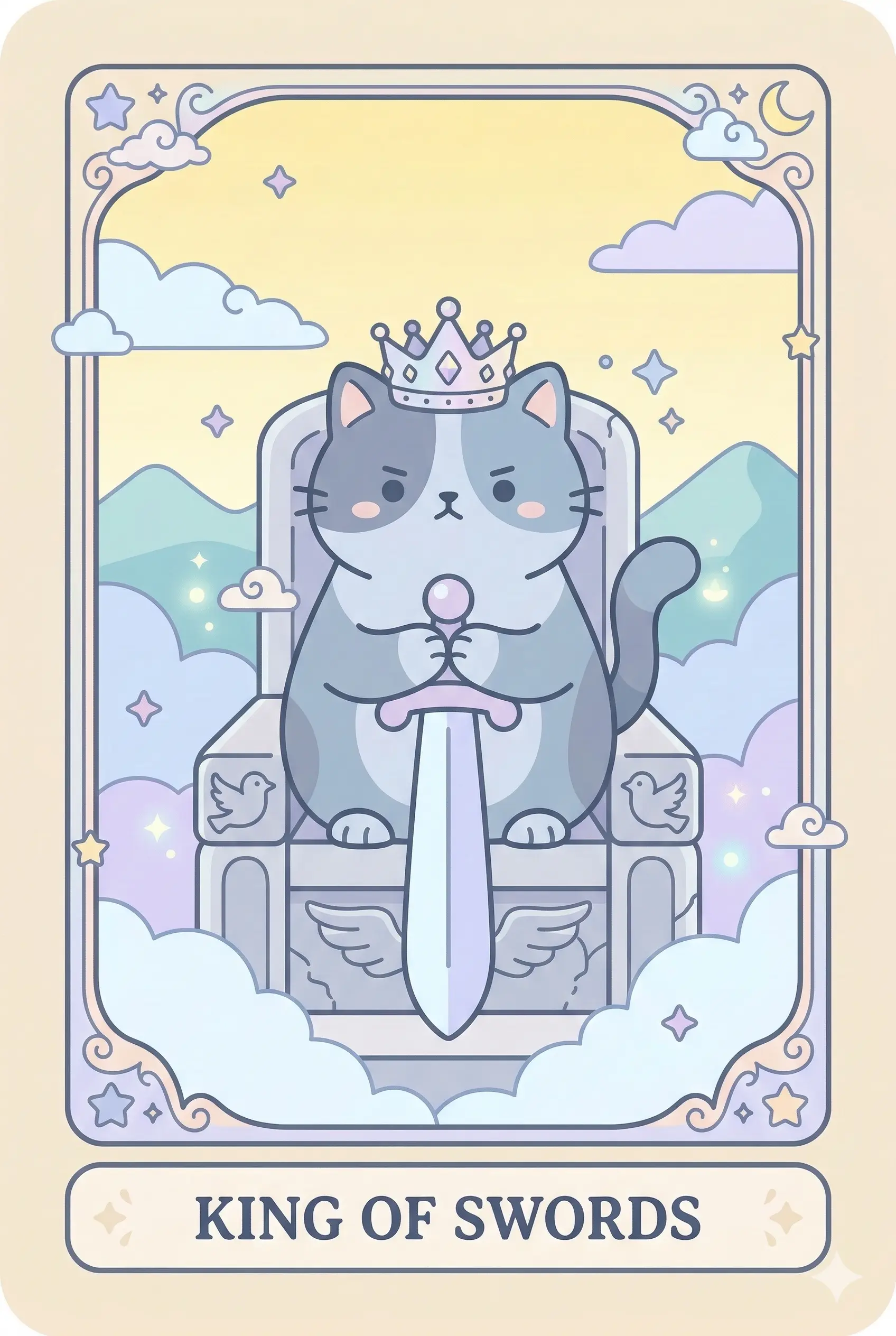 A stern, majestic cat sitting on a high throne of stone, holding a sword upright, with a backdrop of clear skies and distant mountains.