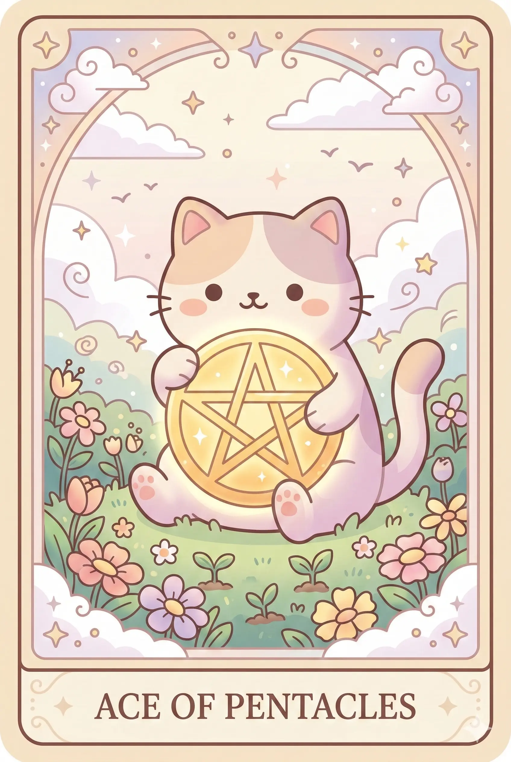 A contented cat sitting in a lush garden, holding a large, glowing golden pentacle with both paws. Flowers are blooming around it, symbolizing growth.
