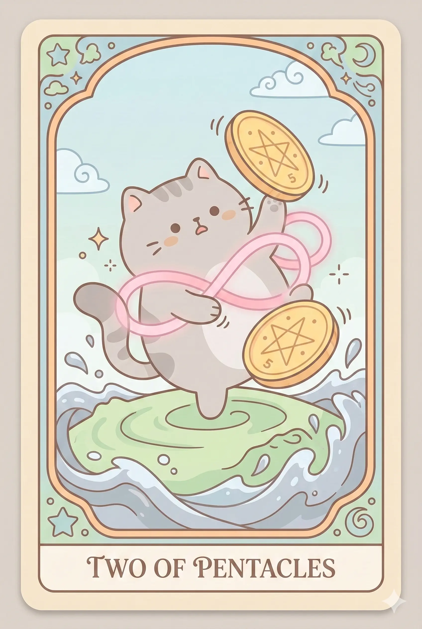 A nimble cat standing on its hind legs, playfully juggling two large golden coins connected by an infinity loop symbol, with turbulent waves in the background.