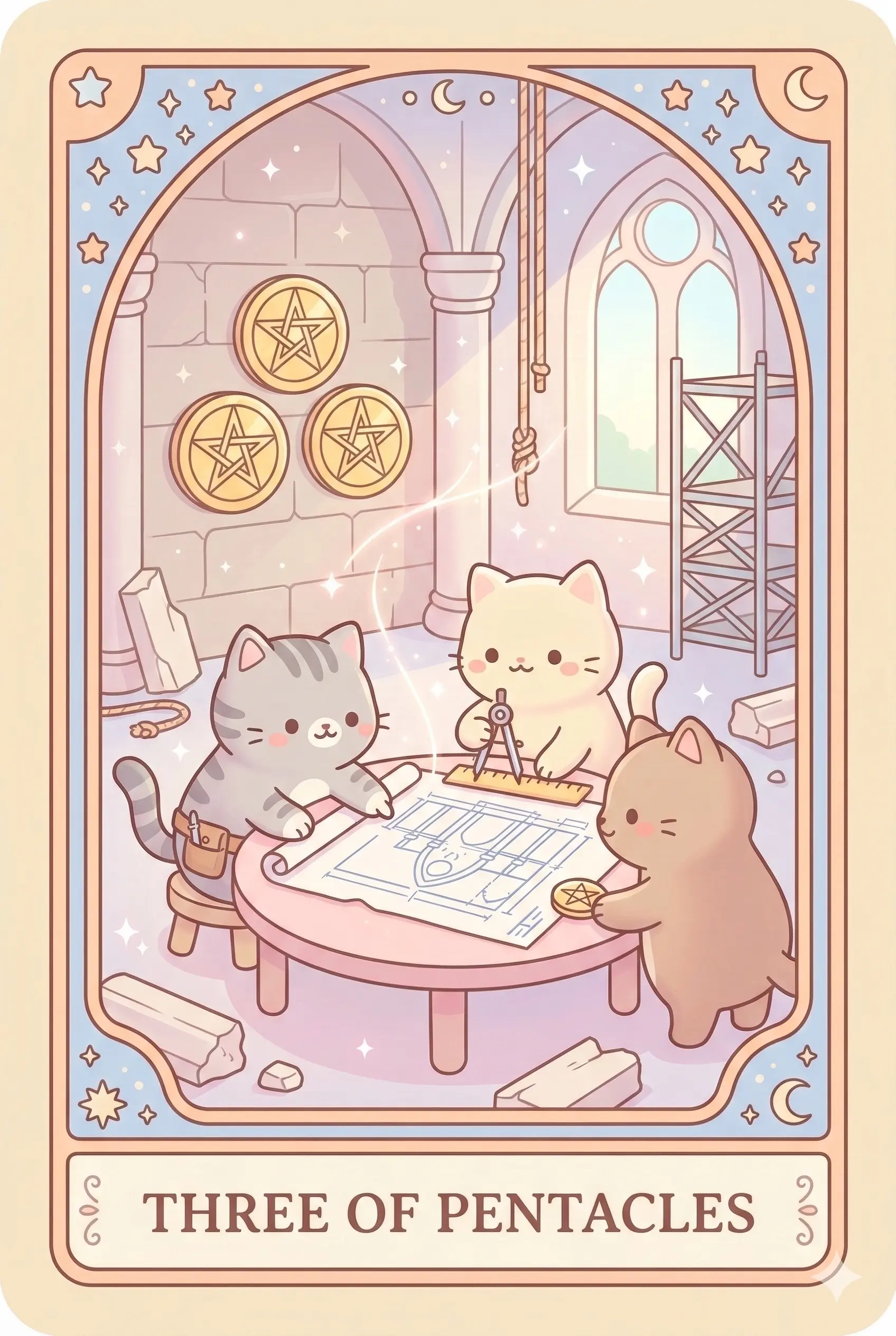 Three cats of different breeds study a large architectural blueprint in a cathedral under construction, with exactly three golden pentacle carvings on the stone wall behind them.