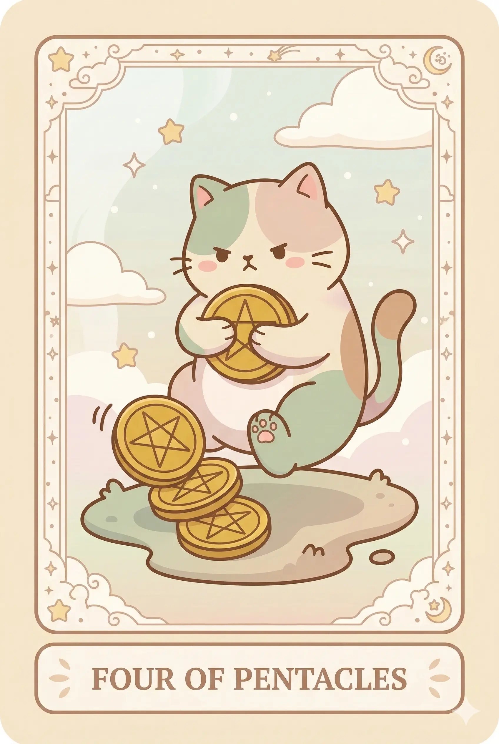A grumpy-looking cat sitting on top of a locked treasure chest, holding one golden coin tightly in its paws and balancing another on its head.