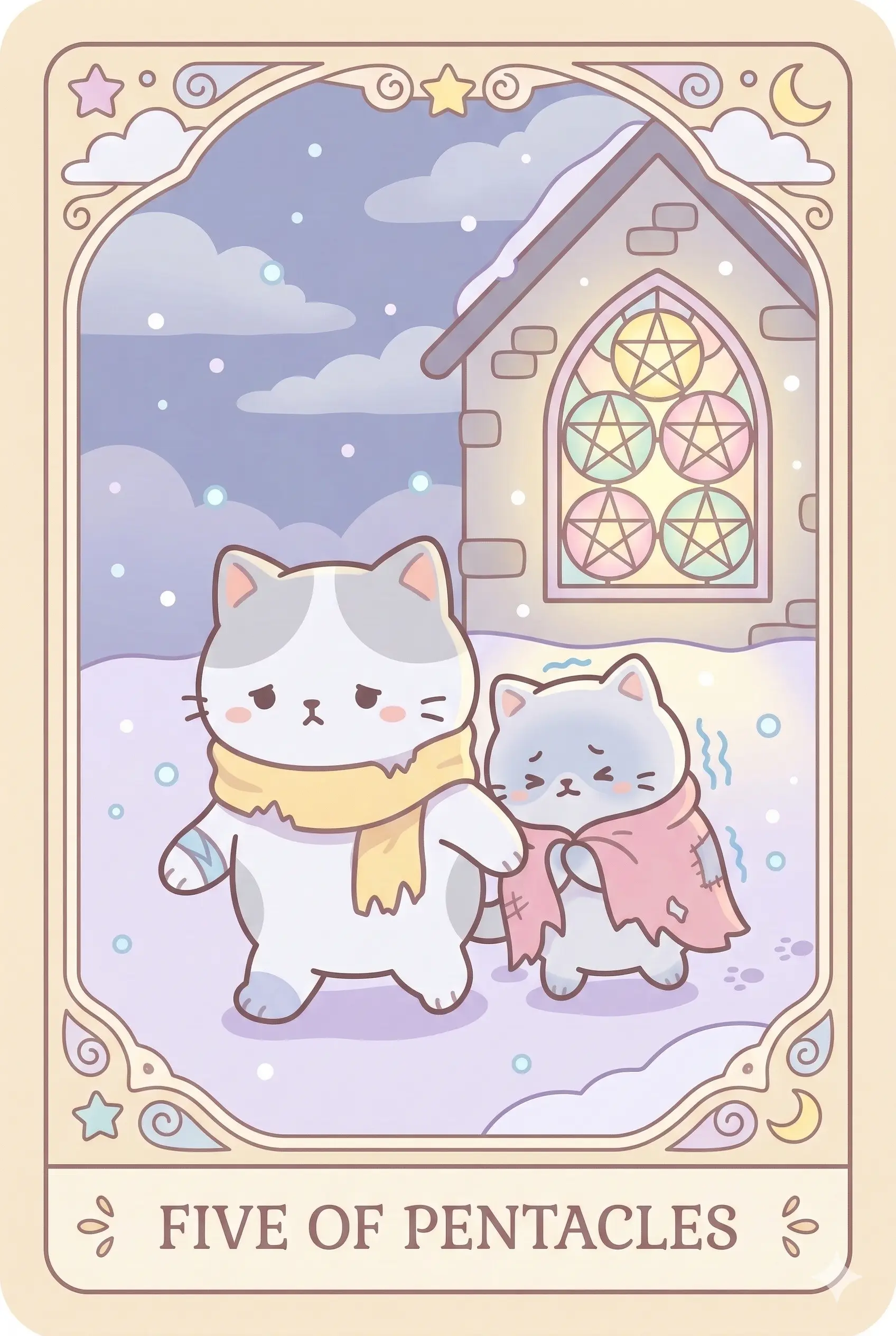 Two scruffy, shivering cats walking together through deep snow outside a church with a glowing stained-glass window, looking weary but enduring.