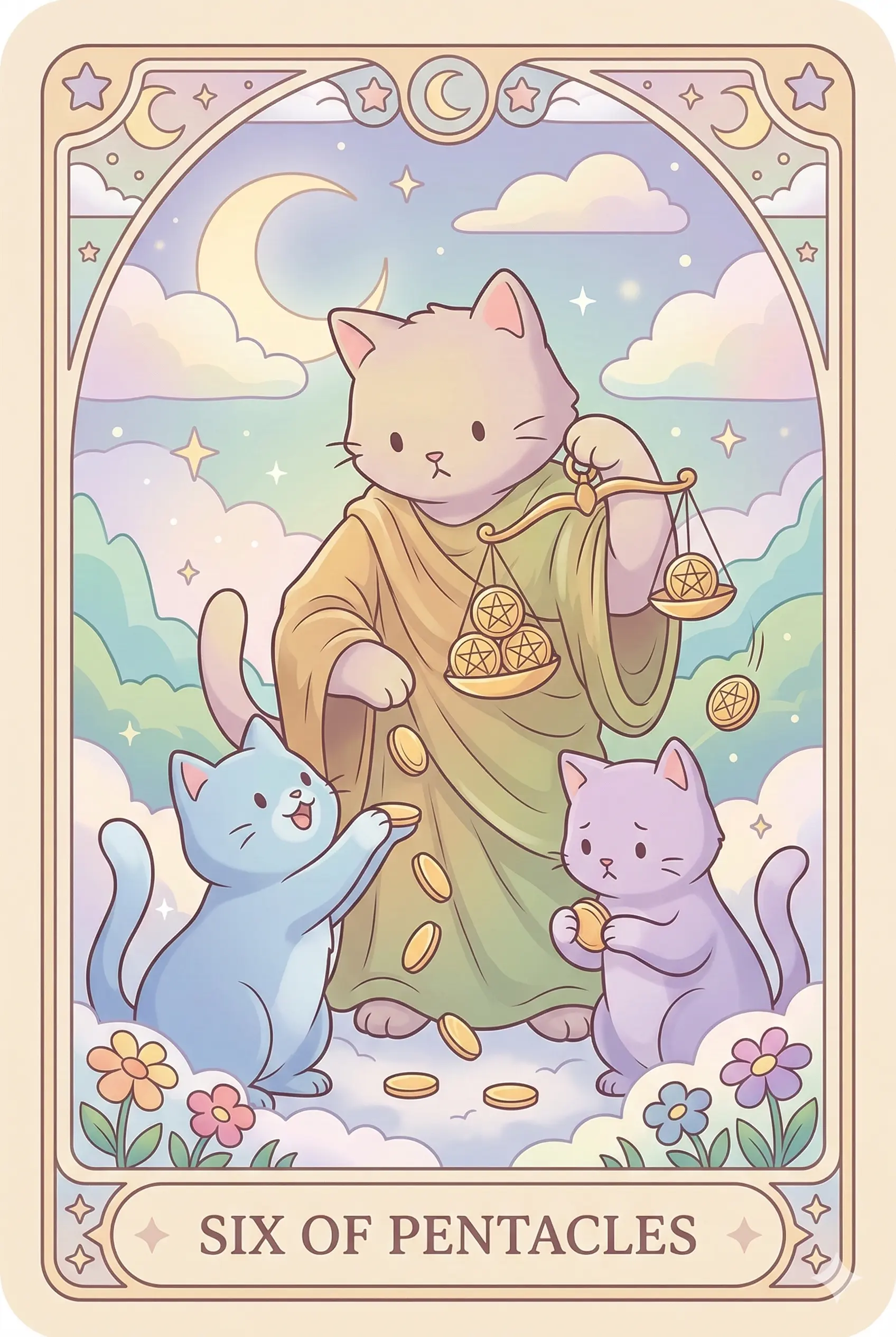 A wealthy merchant cat dressed in fine velvet robes, holding a small scale in one paw and dropping golden coins into the paws of two smaller, grateful cats.