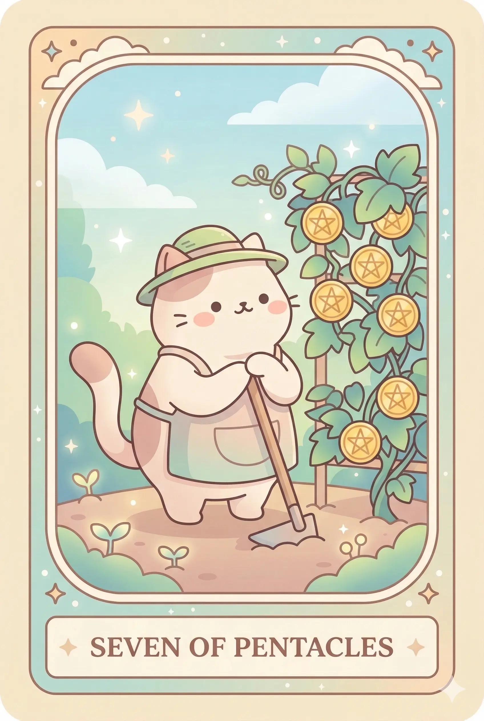 A gardener cat wearing a straw hat, leaning on a hoe and looking contentedly at a lush vine where seven golden pentacles are growing like grapes.