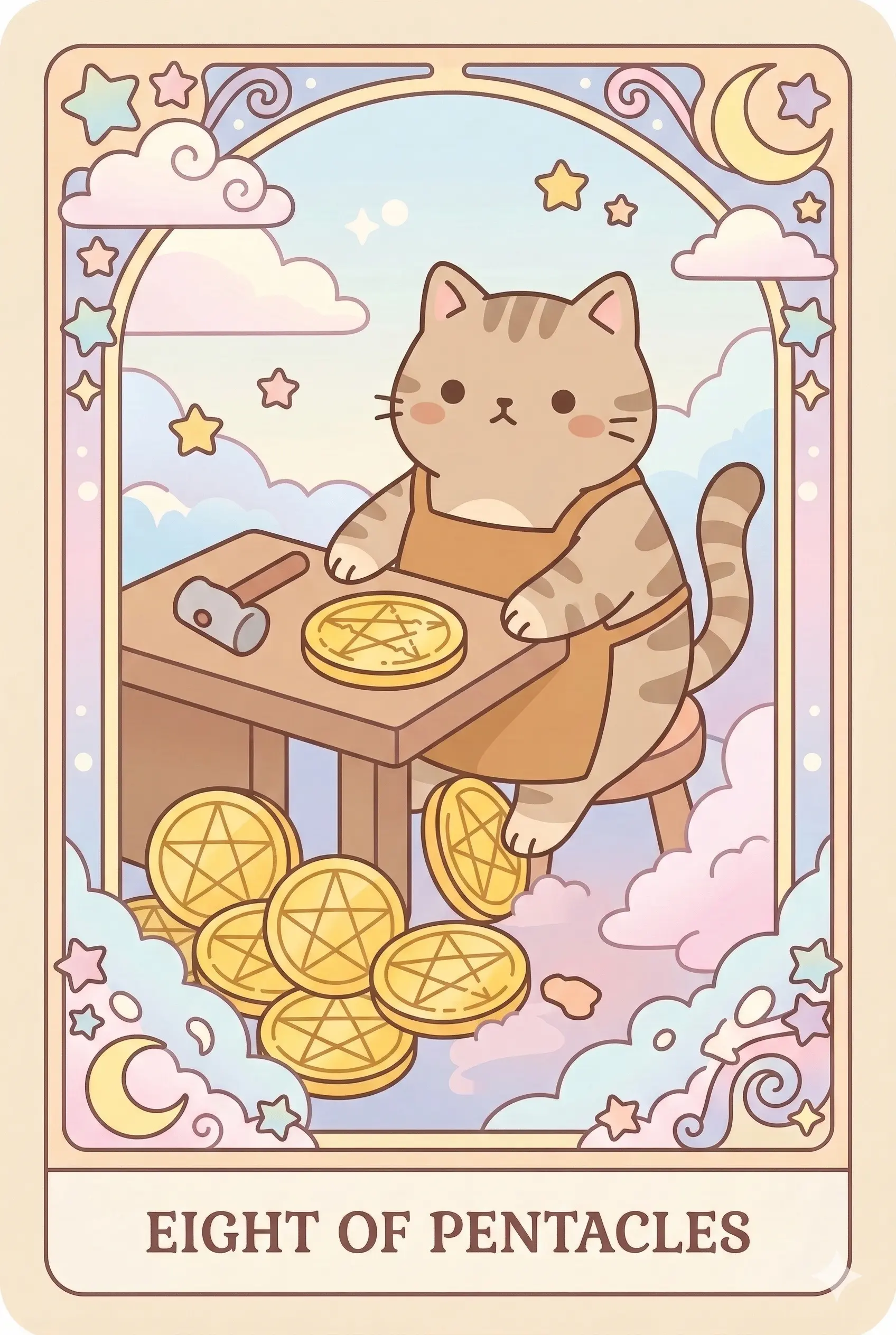 A focused tabby cat wearing a craftsman's apron, sitting at a wooden workbench, carefully engraving a star pattern onto a golden coin with a small hammer.