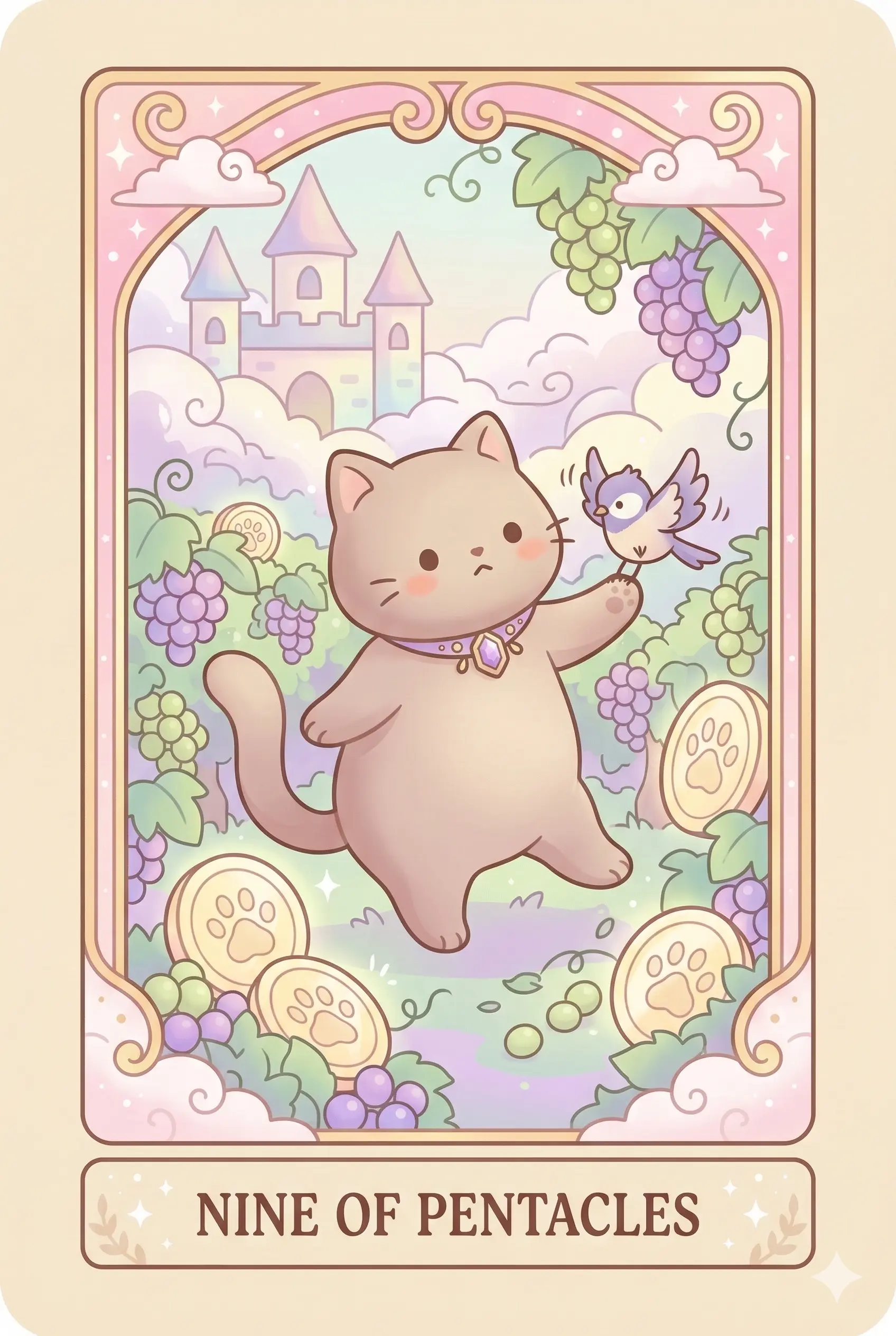 An elegant cat wearing a jeweled collar, standing in a lush vineyard filled with ripe grapes. A small bird rests calmly on its paw.