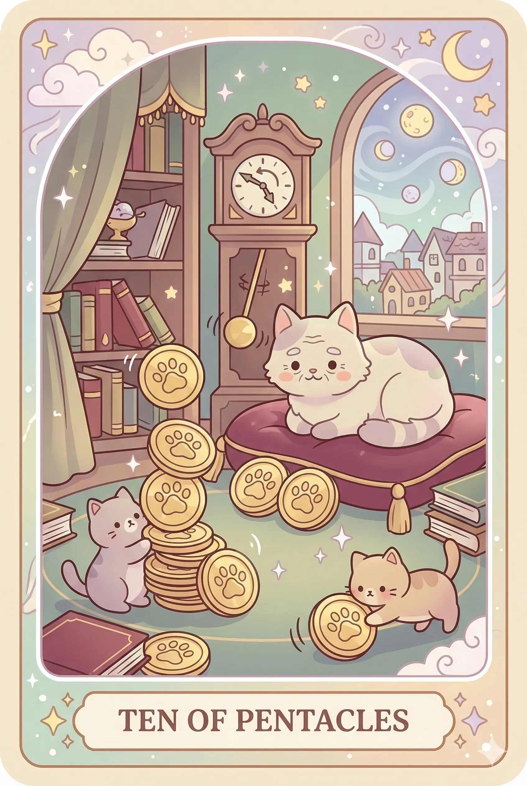 An elderly, wise-looking cat resting on a velvet cushion in a grand library, surrounded by kittens playing with piles of gold coins and heirlooms.