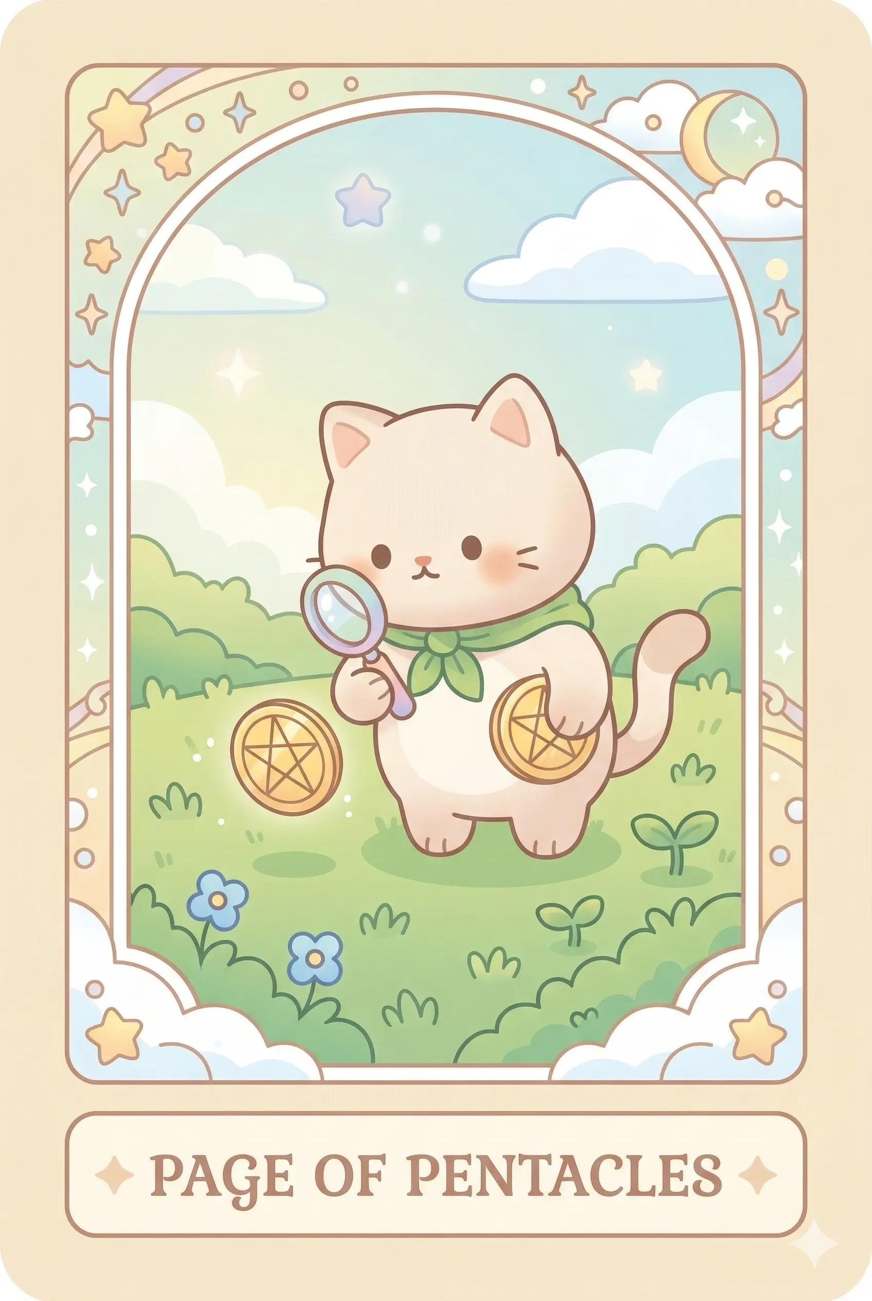 A young, studious cat wearing a green scarf, standing in a lush meadow, examining a floating golden pentacle with a magnifying glass.