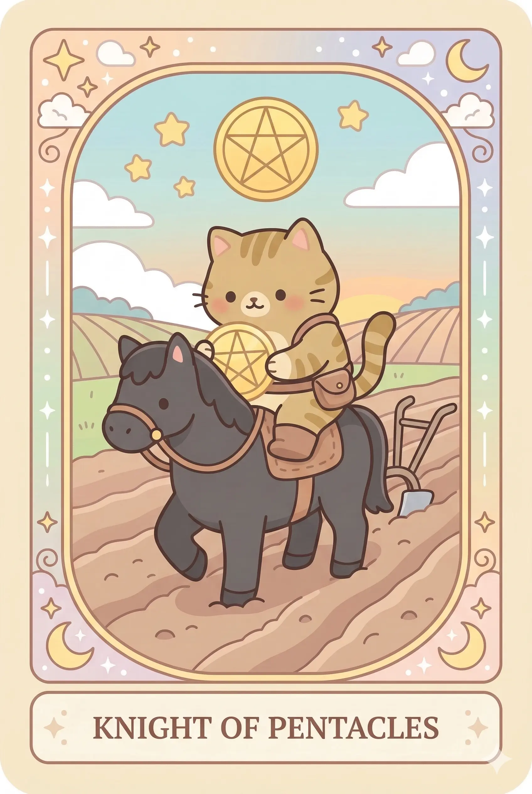 A sturdy Tabby cat wearing leather work gear, sitting on a black plow-horse in a plowed field, holding a golden pentacle and examining the soil.