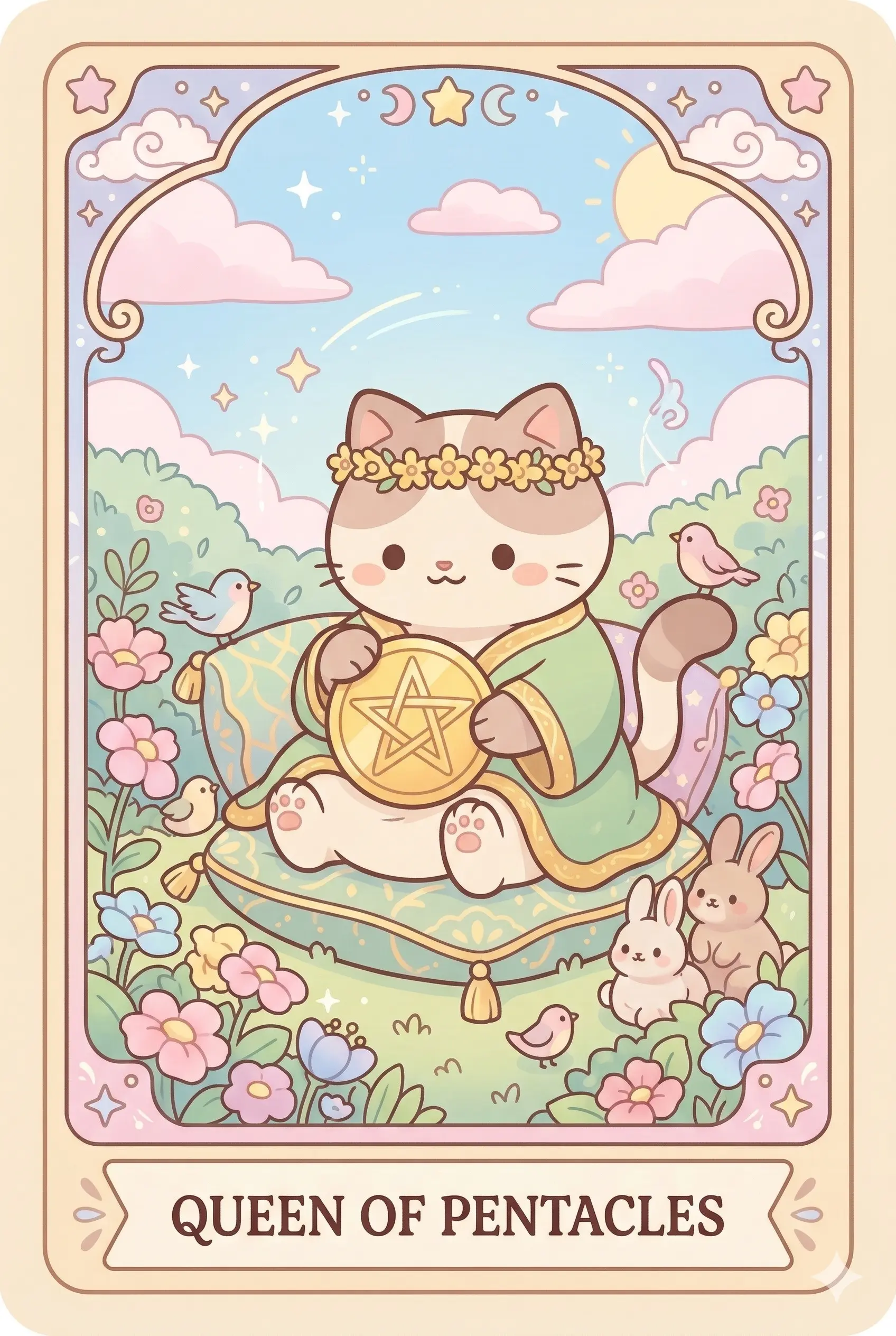 A warm, motherly cat sitting in a lush garden filled with flowers and rabbits, holding a golden coin lovingly like a child.