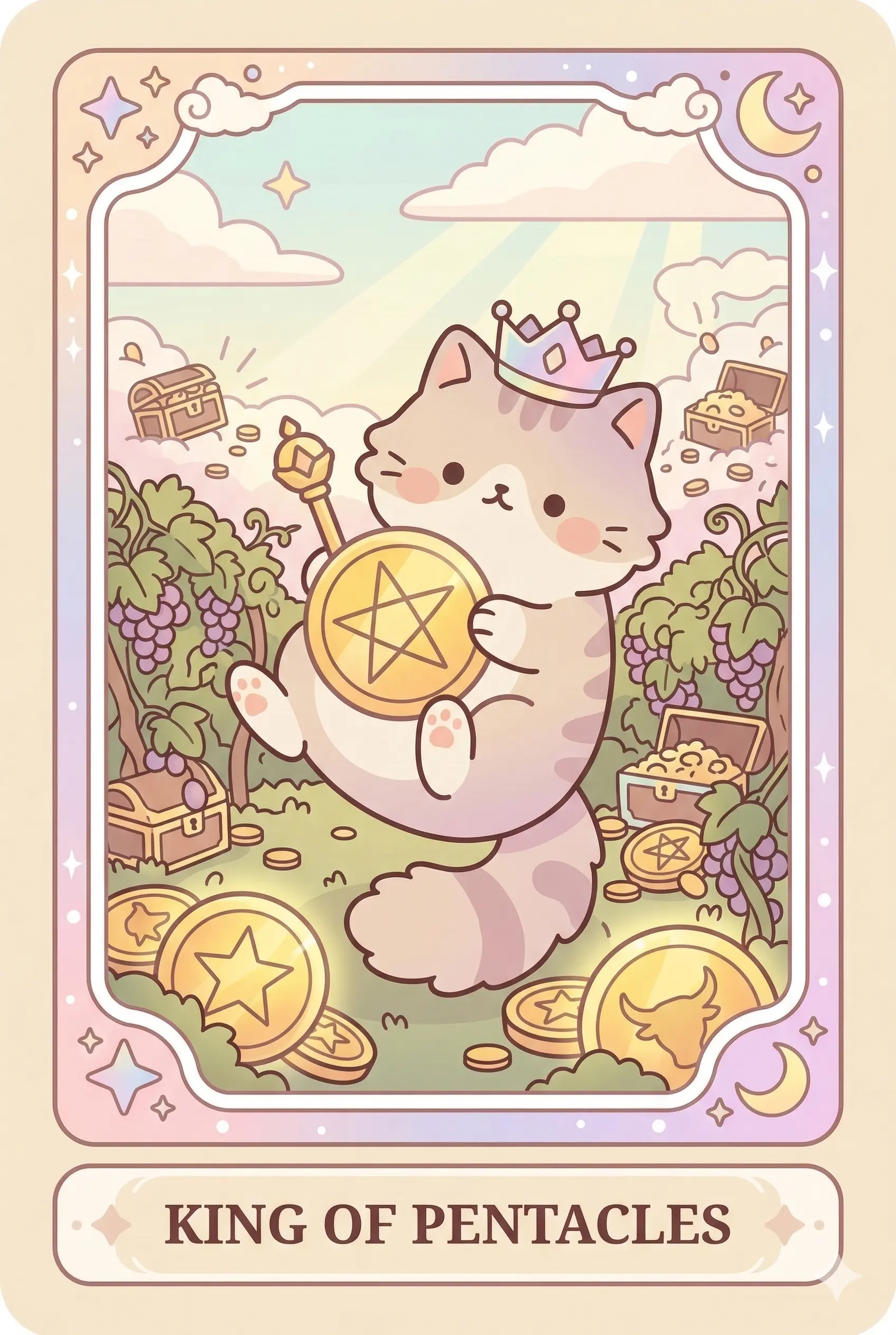 A majestic Maine Coon cat sitting on an ornate stone throne decorated with bull carvings, holding a golden scepter and a large glowing pentacle coin, surrounded by lush vineyards.